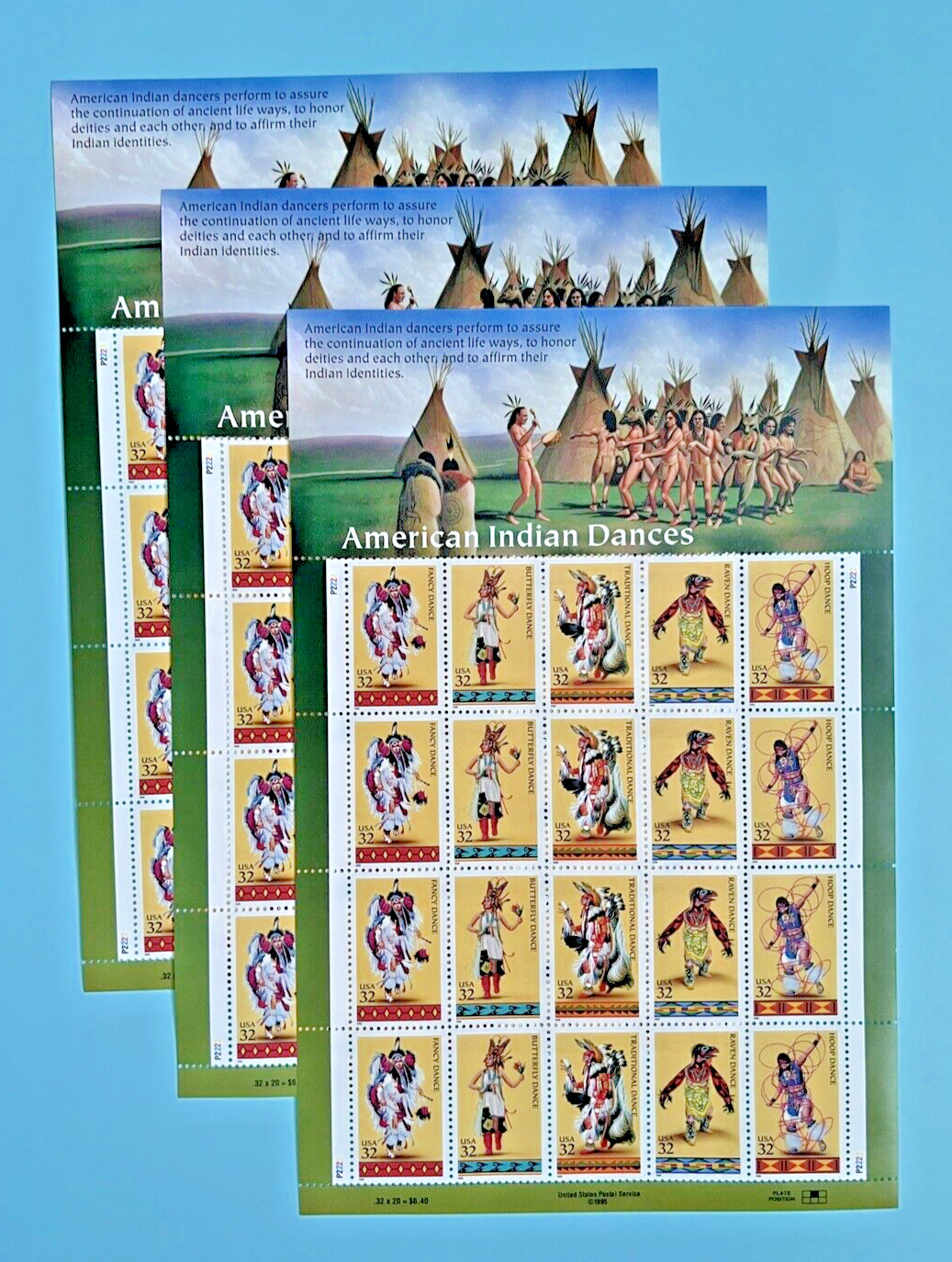 Six x 20 = 120 of AMERICAN INDIAN DANCES 32¢ US USA Postage Stamps. Sc 3072-3076
