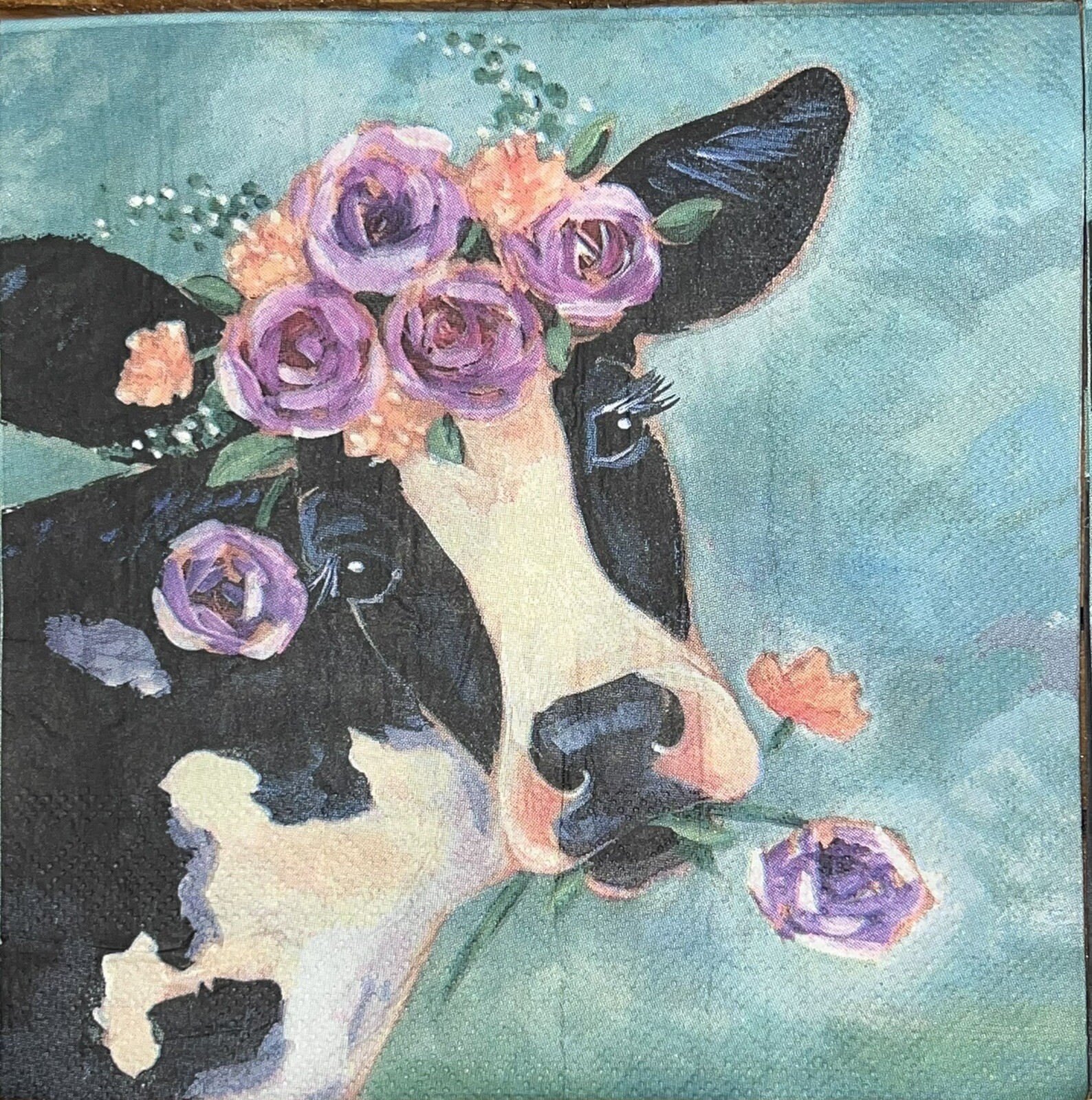 Two Paper Lunch Napkins/Decoupage/Art/Turquoise/highland Cow W/flowers