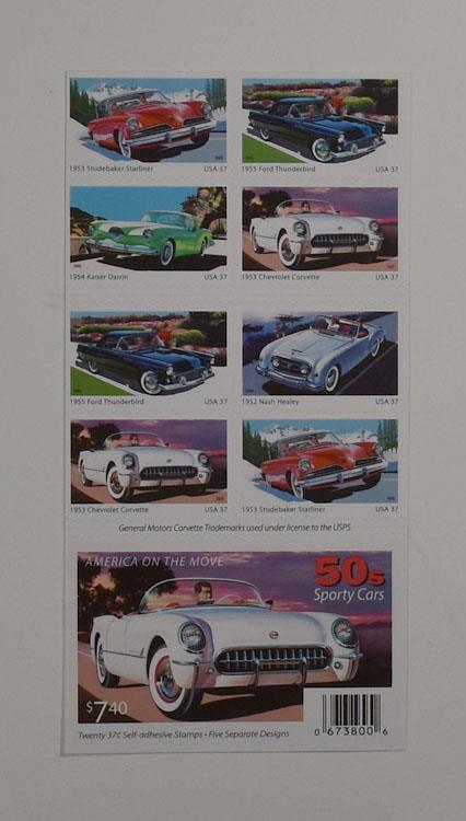 US SCOTT 3931 – 3935b BOOKLET OF 20 1950s SPORTY CARS STAMPS 37 CENT FACE MNH