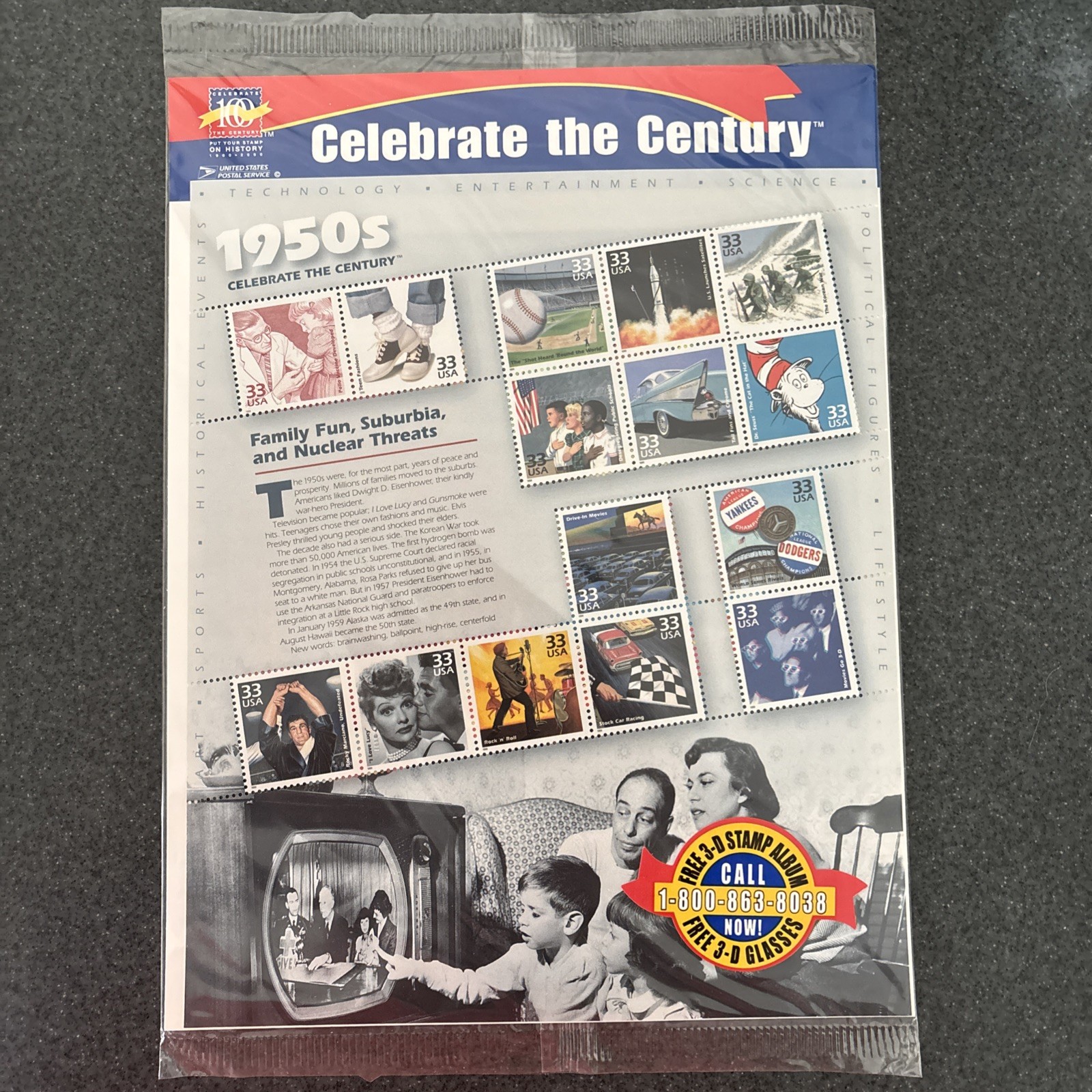 #3187 CELEBRATE THE CENTURY 1950’s 33¢ SHEET OF 15 MNH original packaging