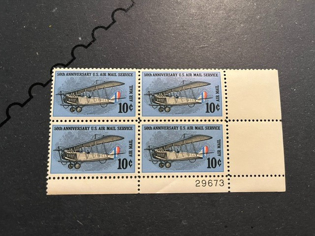 Scott #C74. 10c 50th Anniversary of Air Mail Service plate block of 4. 1968. MNH
