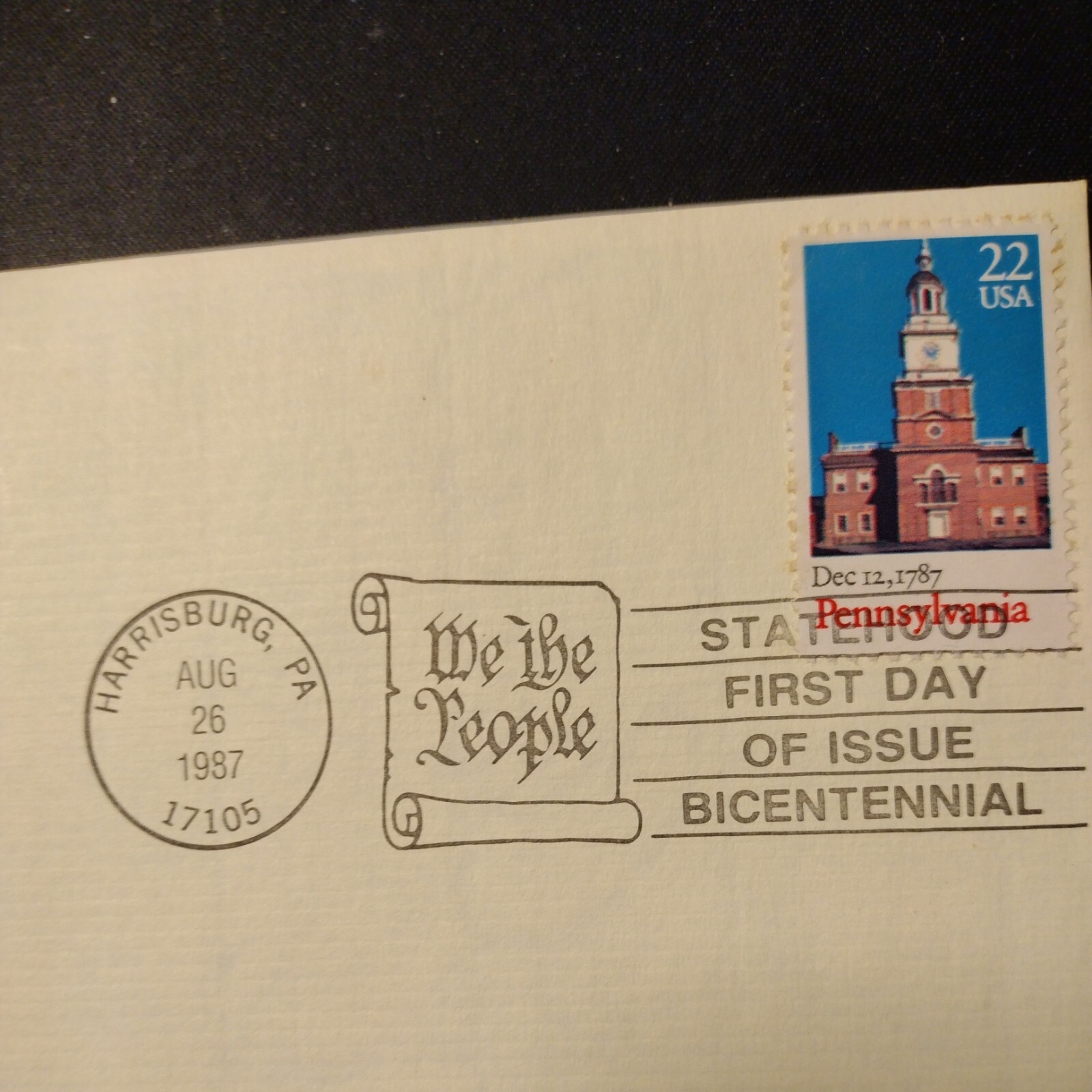 Pennsylvania Statehood 1987 FIRST DAY ISSUE 22 CENT STAMP GOLD 200th Anniversary
