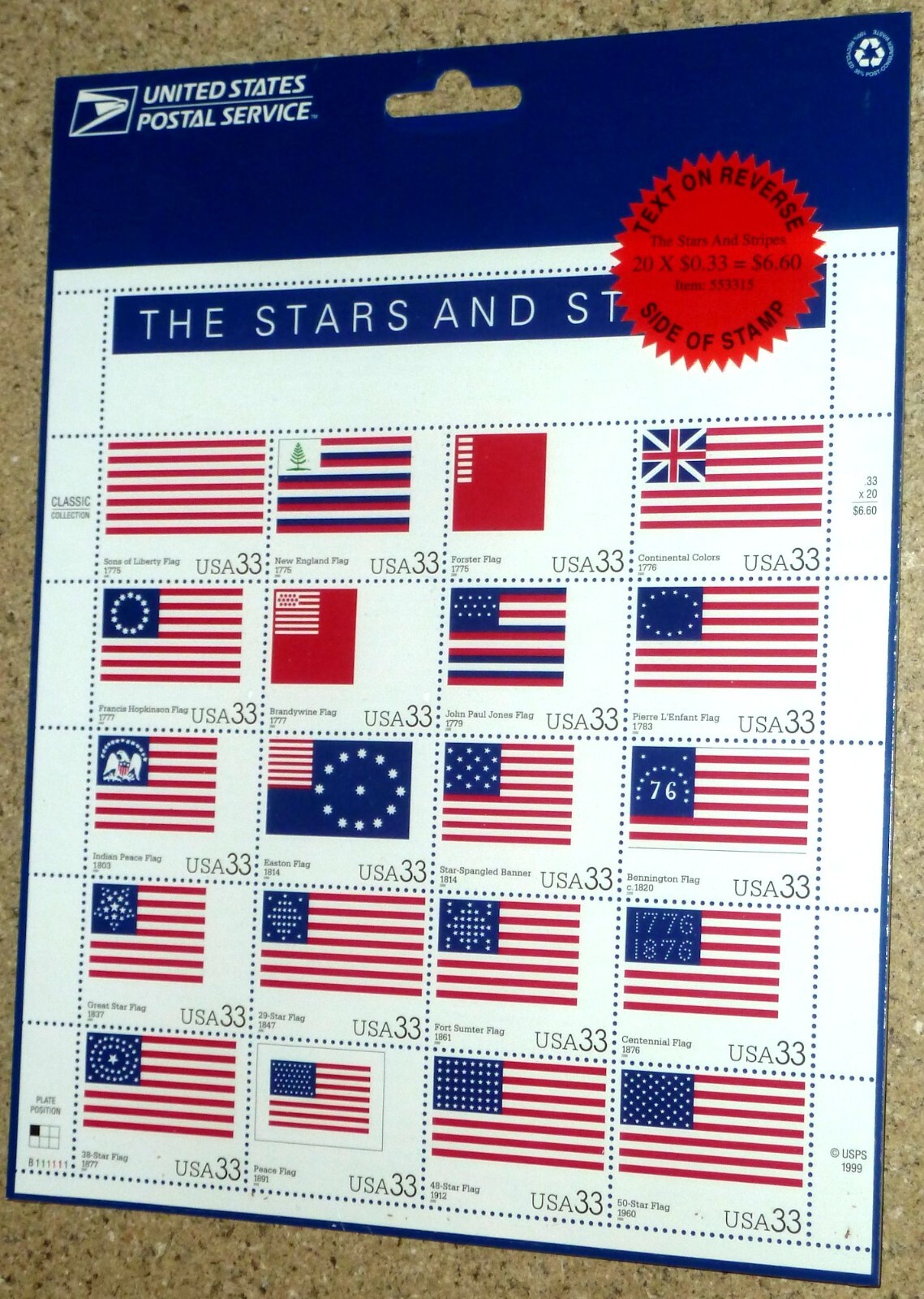 USPS 2000 Sheet of 20 “Stars & Stripes” 33¢ Stamps USA Scott 3403 MNH