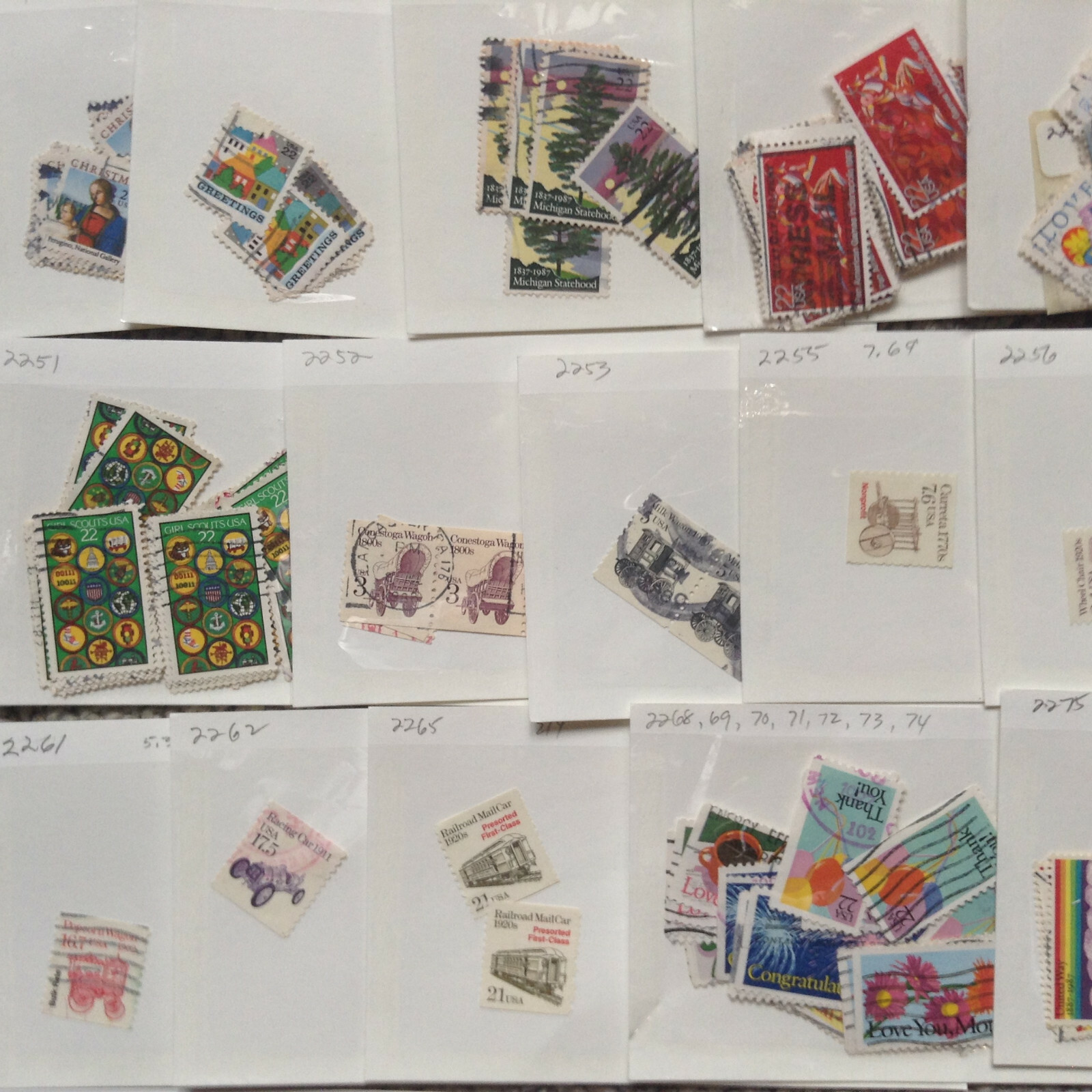 U. S.Stamps in 49 Envelopes 111 different Stamps Scott #2201 to #2299 “SEE LIST”