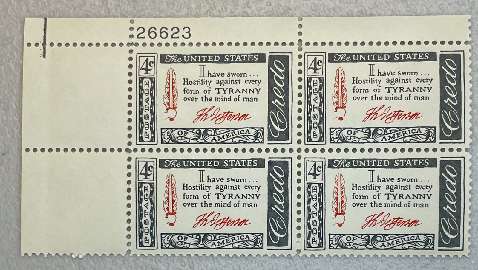US Stamps Scott # 1141 Jefferson Credo Plate Block MNH