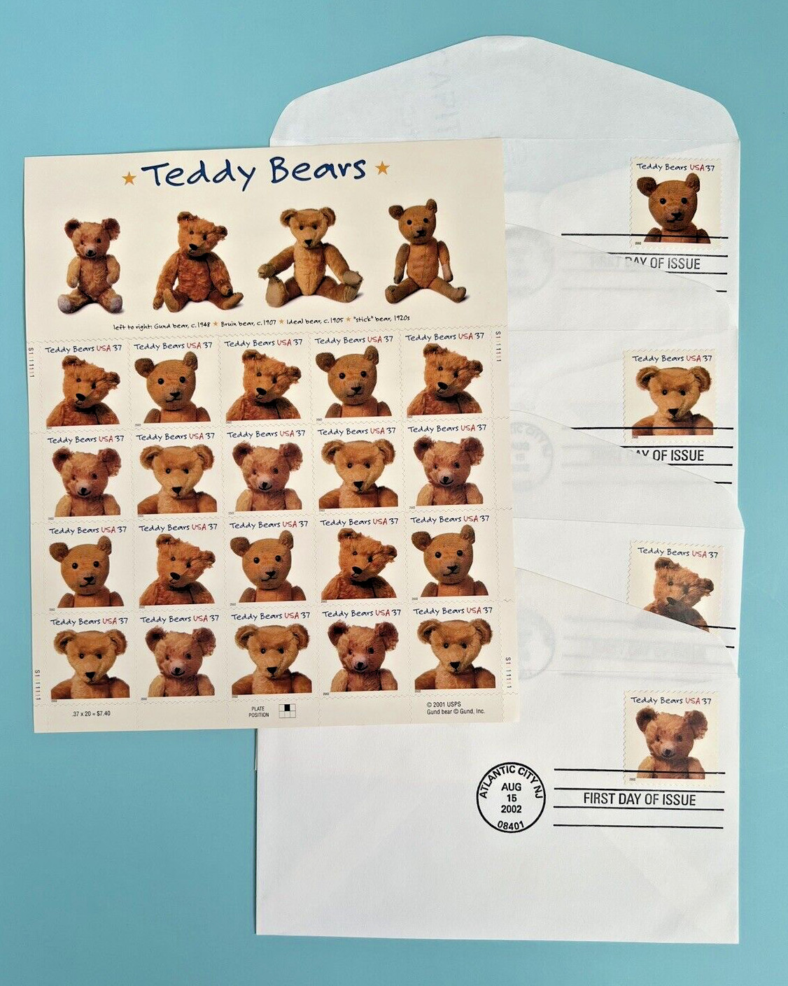#3653-3656 TEDDY BEARS Sheet of 20 (37¢) Stamps & 4 FDC First Day Issue Envelope