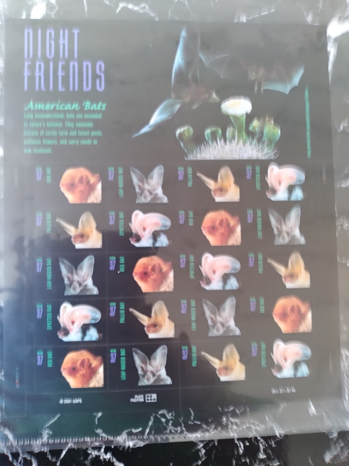 “Night Friends” -“American Bats” Very Nice Collectable Sheet of 2001 Stamps MNH
