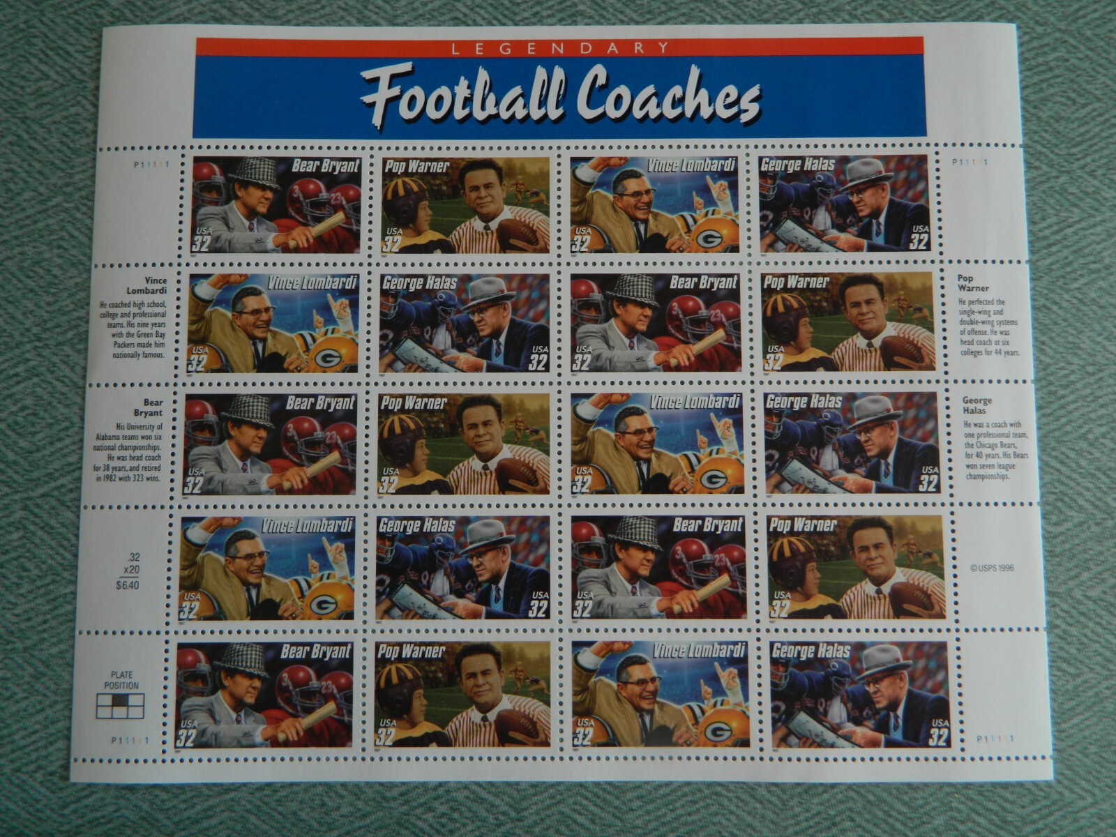 US SC# 3143 – 3146 PANE OF 20 FOOTBALL COACHES MNH (LOT F)