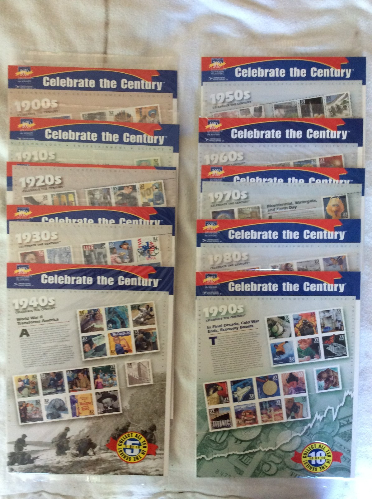 USPS CELEBRATE THE CENTURY 10 SHEET SET POSTAGE STAMPS 1900s – 1990s UNOPENED