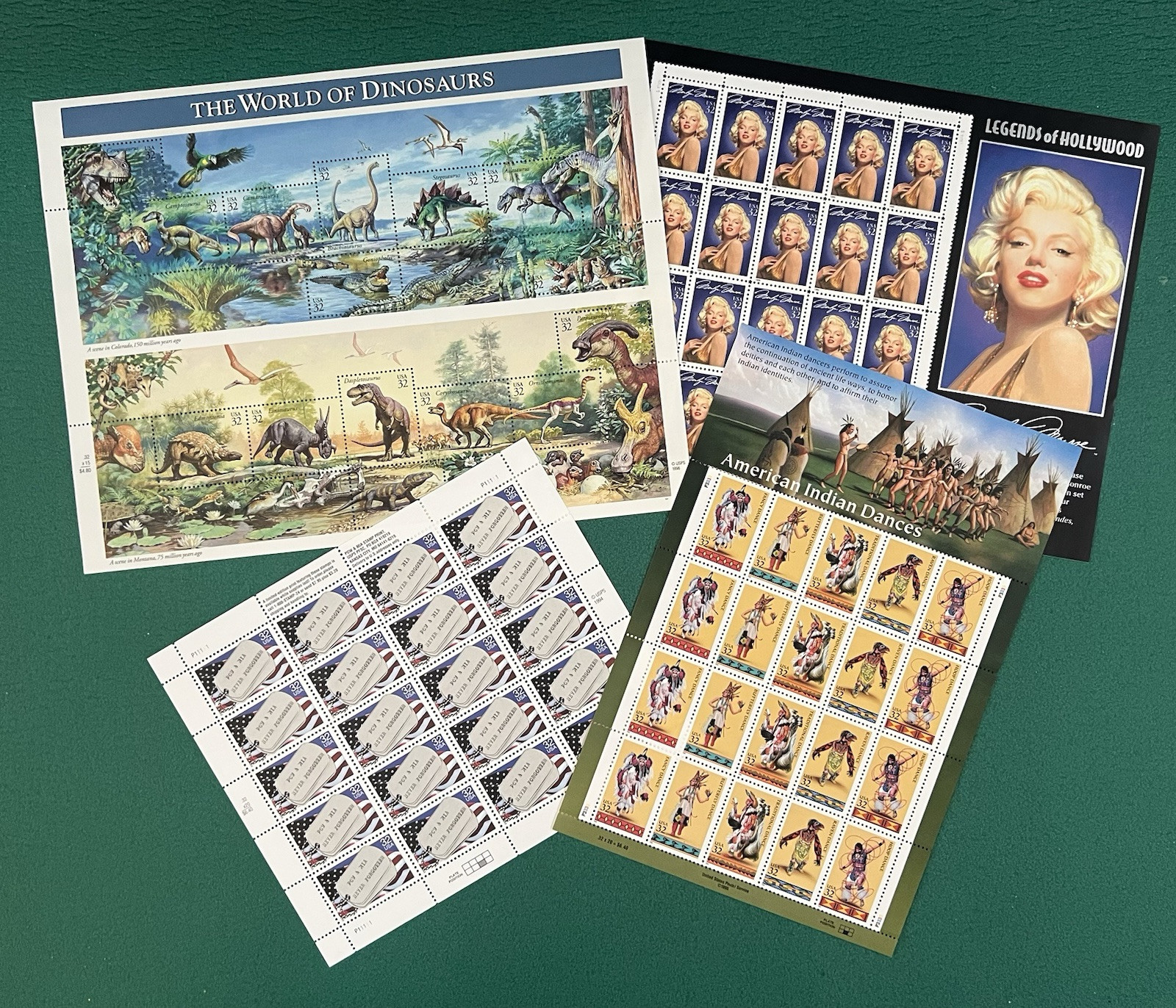 1997 Dinosaur, Indian Dancer, Marilyn Monroe, POW 32 Cent Face, 95 Stamps Total