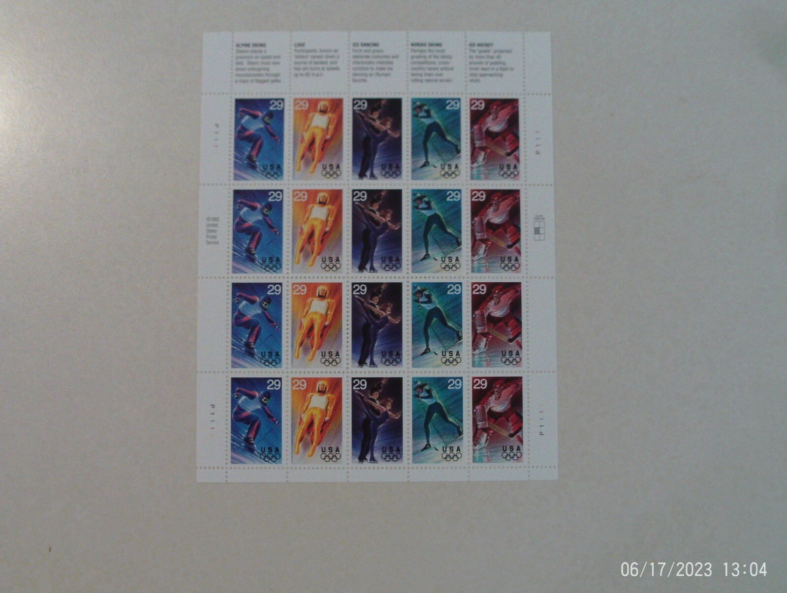 US SCOTT 2807 – 2811 WINTER OLYMPICS PANE OF 20 STAMPS 29 CENT FACE MNH