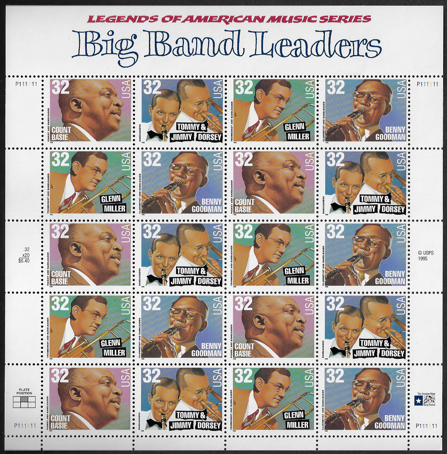 US Stamps, Full Pane of 20, Big Band Leaders, #3096-3099, MNH