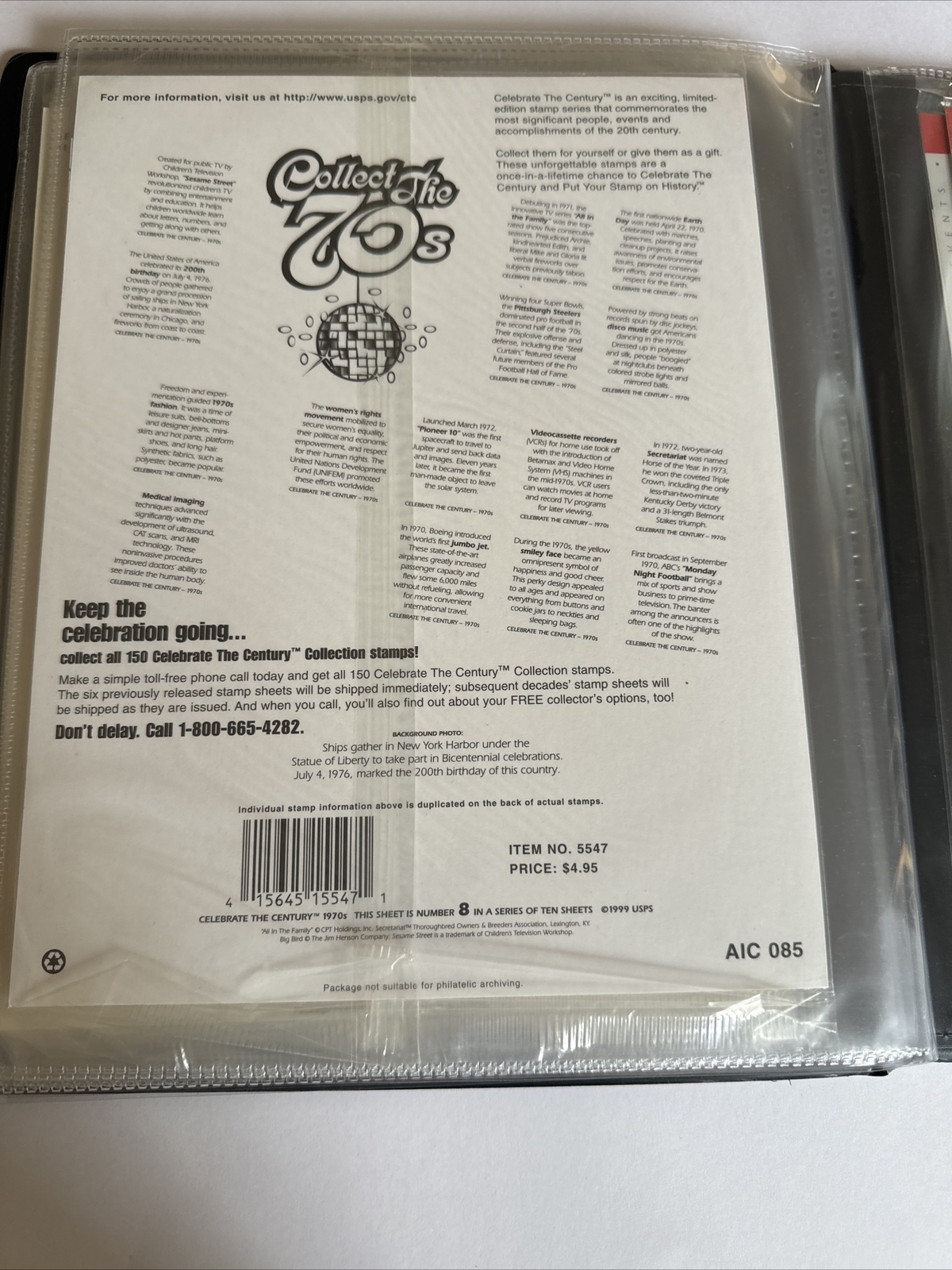 Celebrate the Century USPS Stamps 1900s-1990s In Binder USPS 10 Page Set