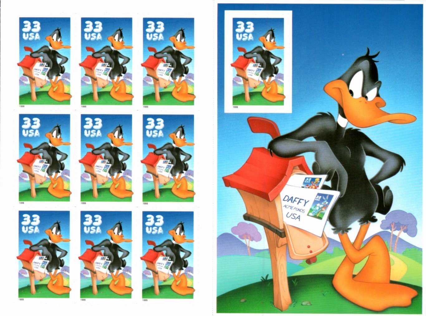 Scott#: 3306 – Daffy Duck 33¢x10 1999 Avery Pane of Ten Stamps, adhesive – Lot 9