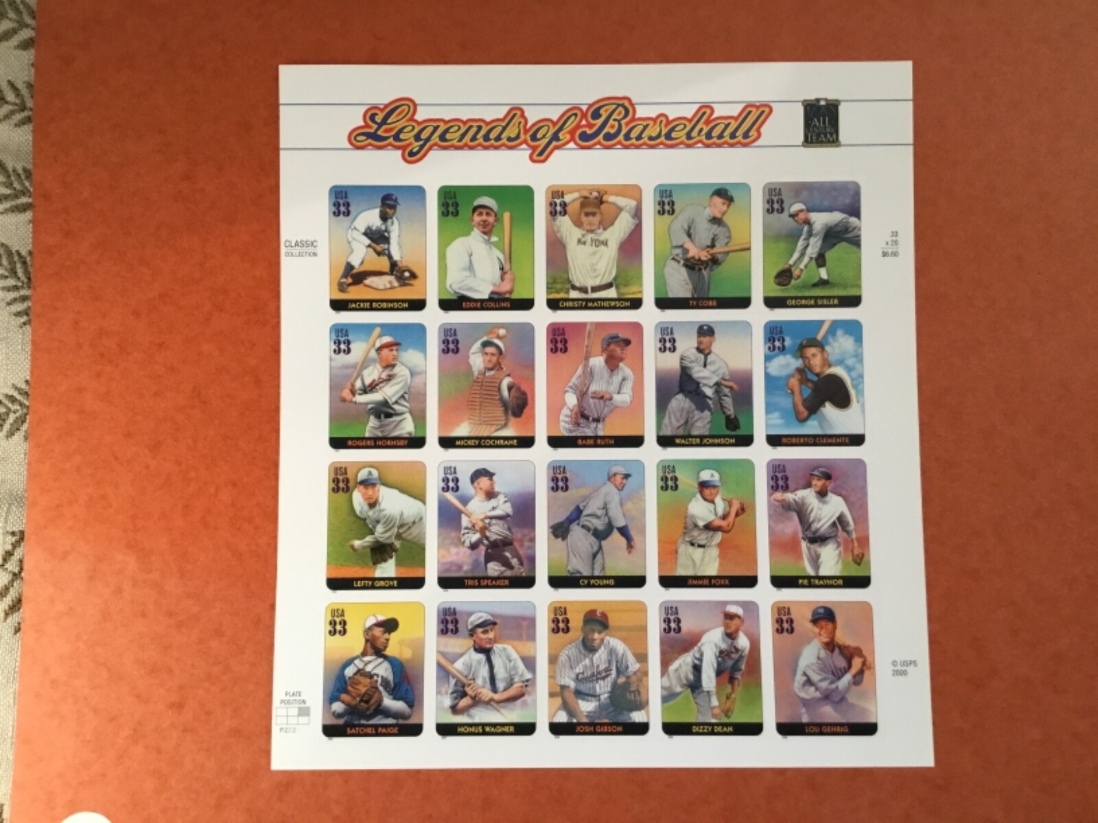 US SCOTT 3408 PANE OF 20 LEGENDS OF BASEBALL 33 CENTS FACE MNH