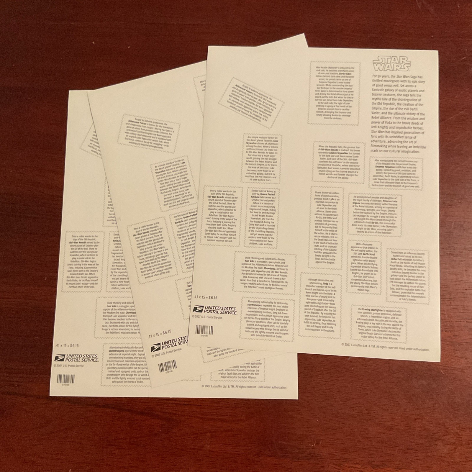 3 sheets of STAR WARS Character Anniversary Set US # 4143