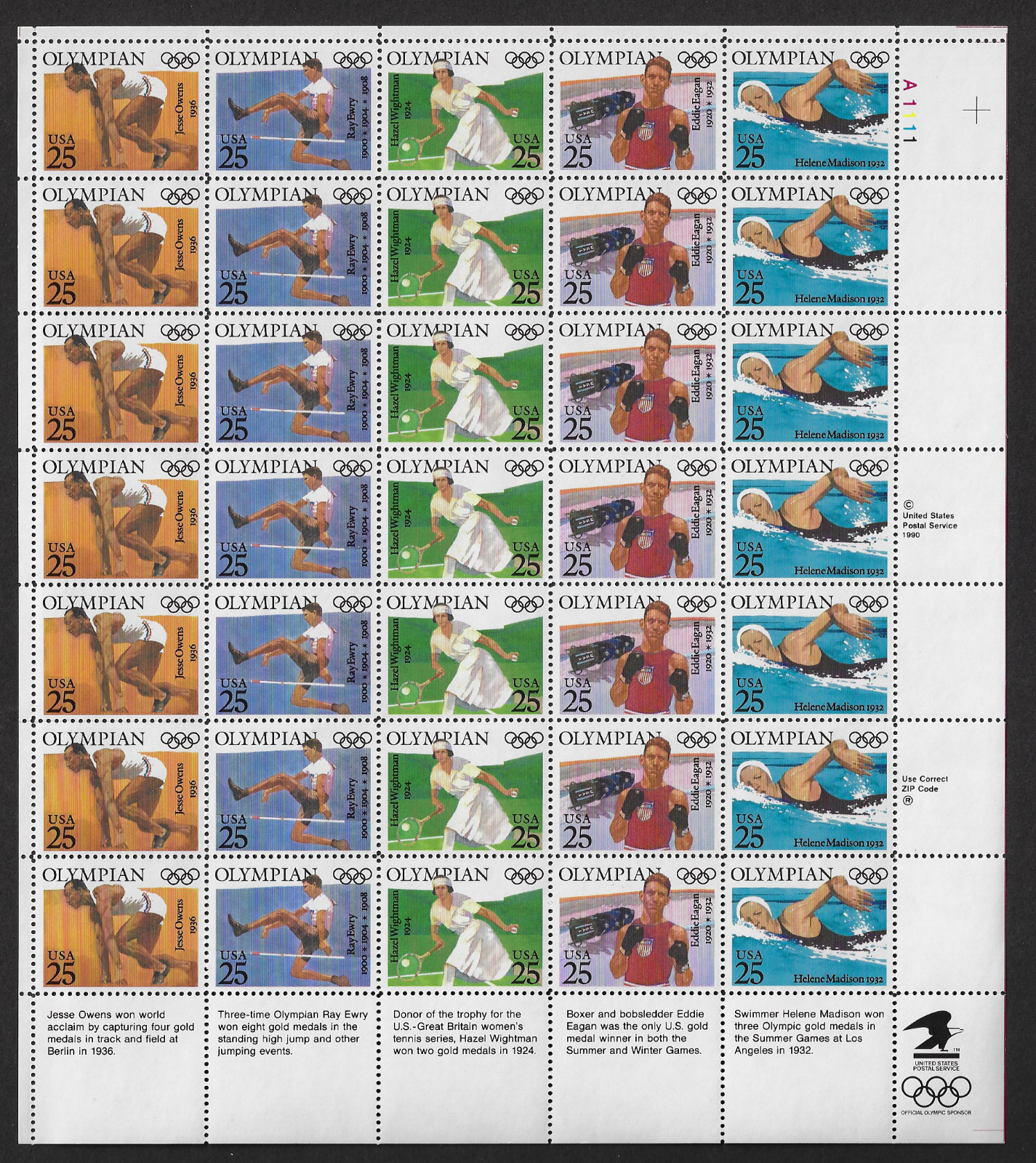 USA Stamps — Full Pane of 35 — 1990, Olympians #2496-2500 — MNH