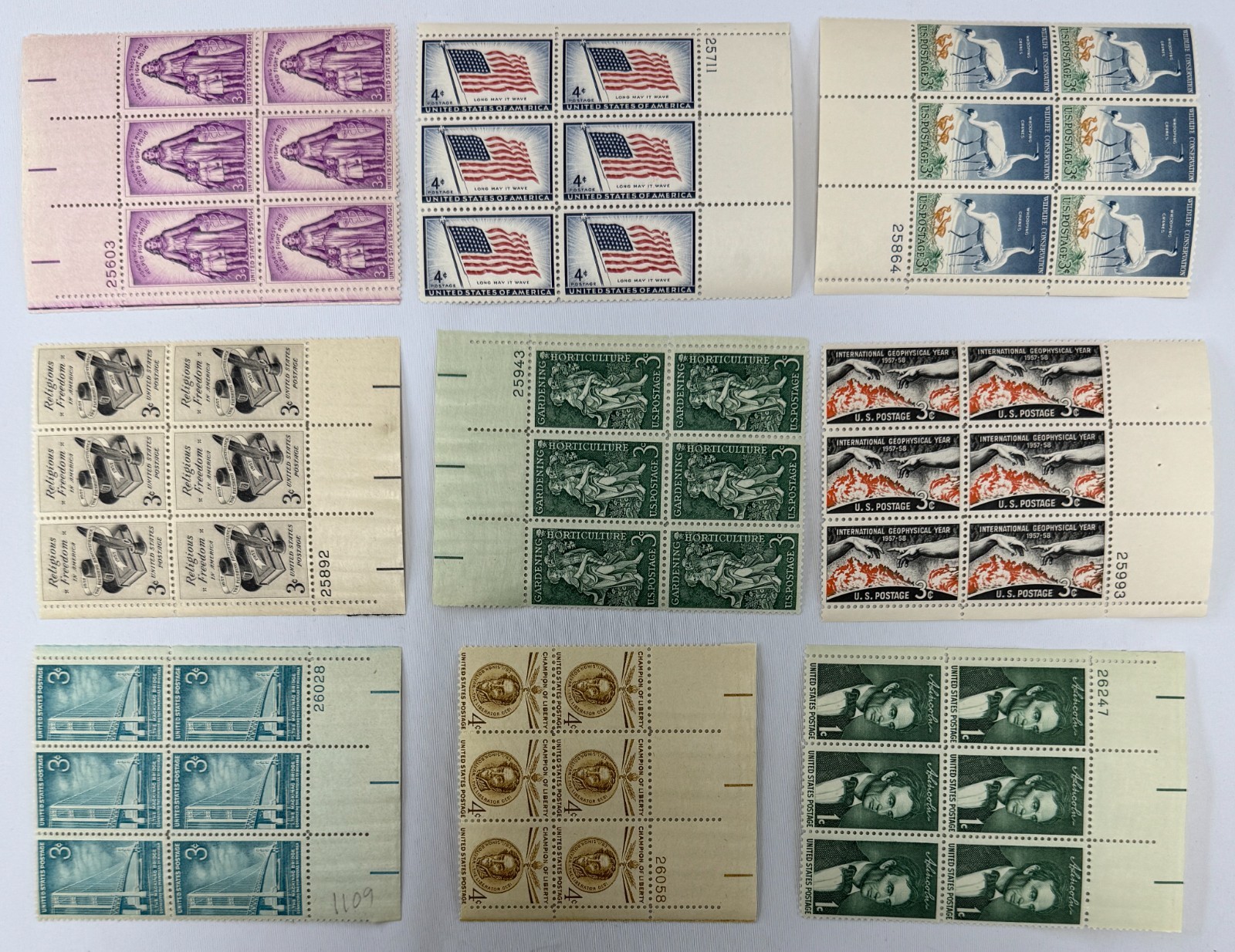 Vintage stamps US Plate Blocks 1957-1958 MNH Commemorative and Definitive Stamps
