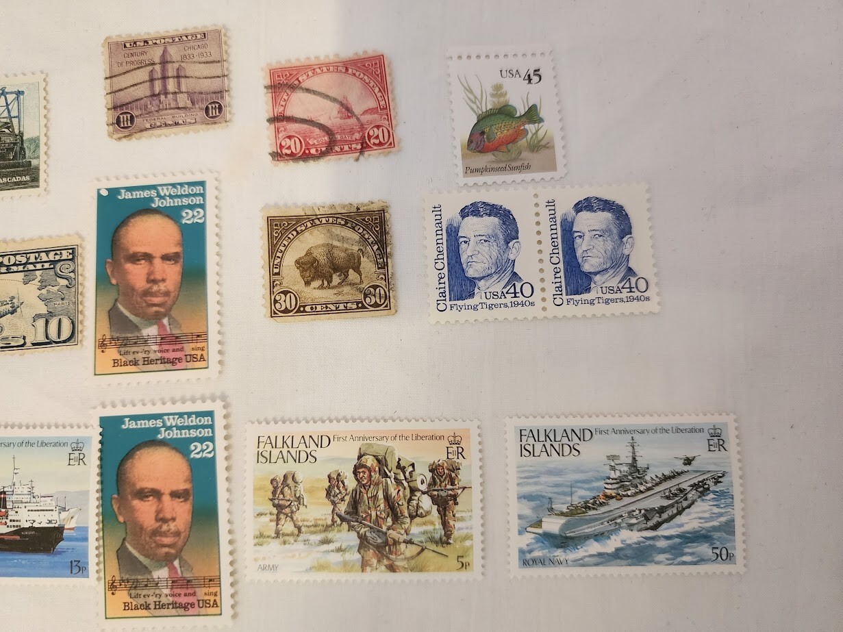 25 VINTAGE STAMP LOT Falkland Islands “Canal Zone” NRA James Weldon Chennault