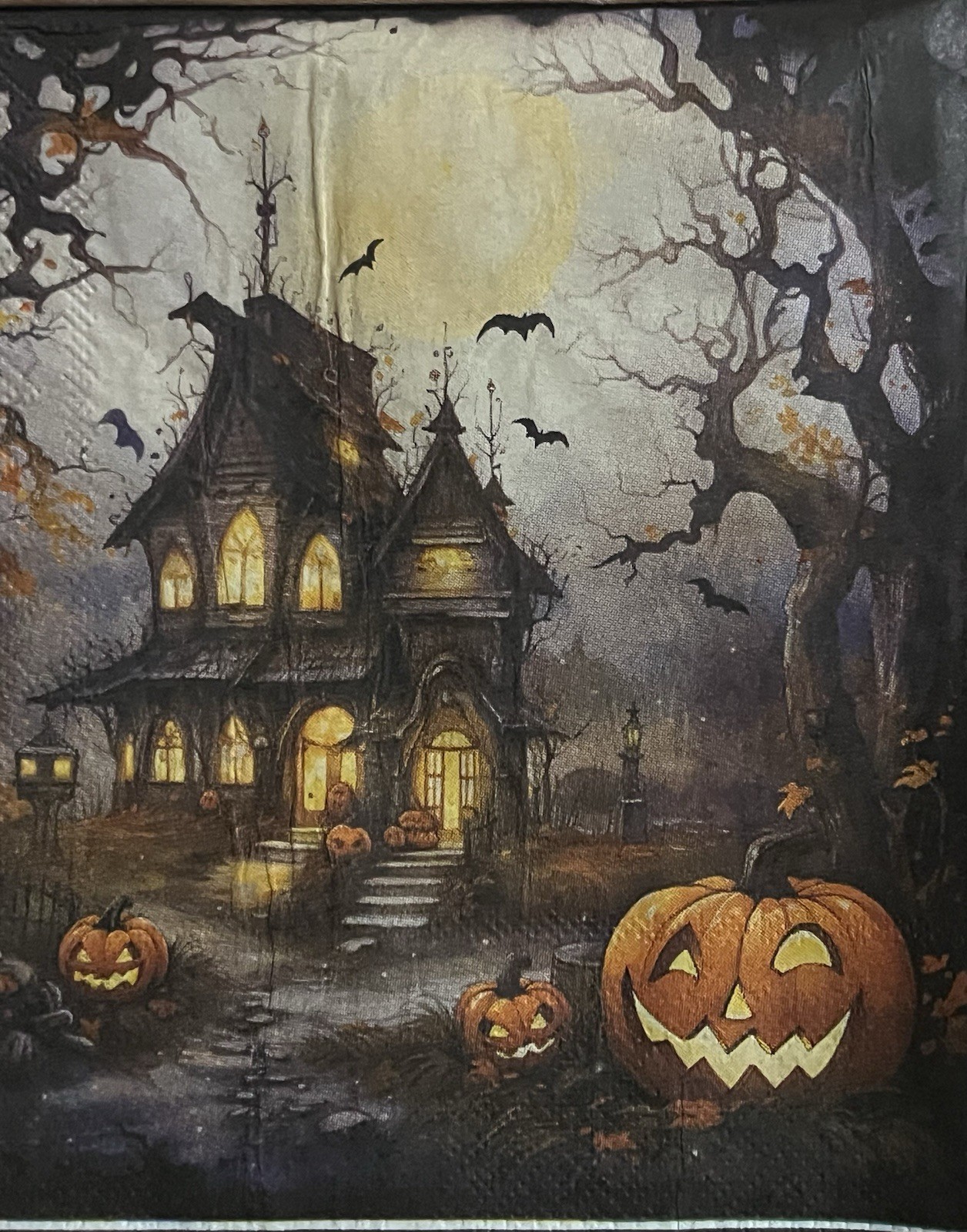 TWO Individual Lunch Napkins Decoupage Halloween Haunted Houses/pumpkins/ghost/