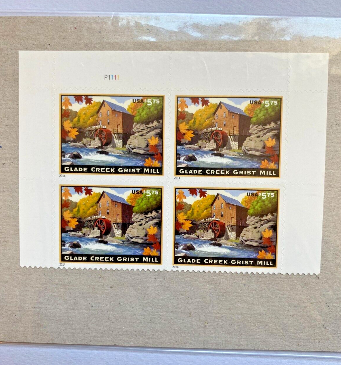 2014 Glade Creek Grist Mill Plate Block of 4 stamps, MNH NIP