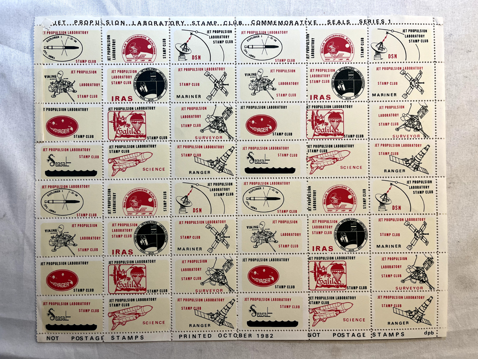 Jet Propulsion Laboratory Stamp Club Commemorative Seals Series 1 COMPLETE Sheet