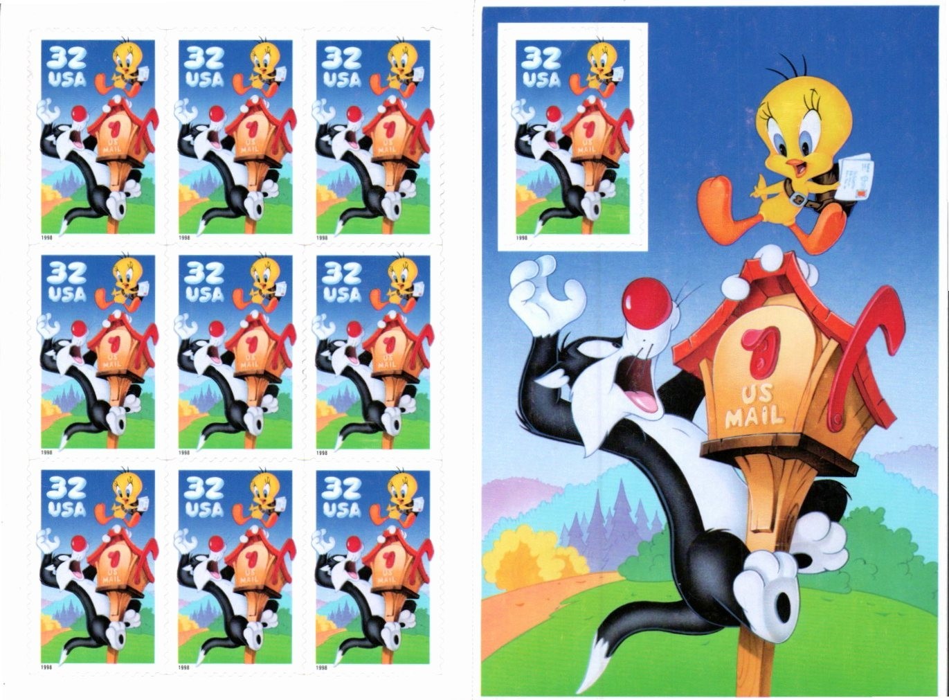 Scott#: 3204 Sylvester & Tweety Bird Pane of 10×32¢ 1998 Stamps – Lot 9