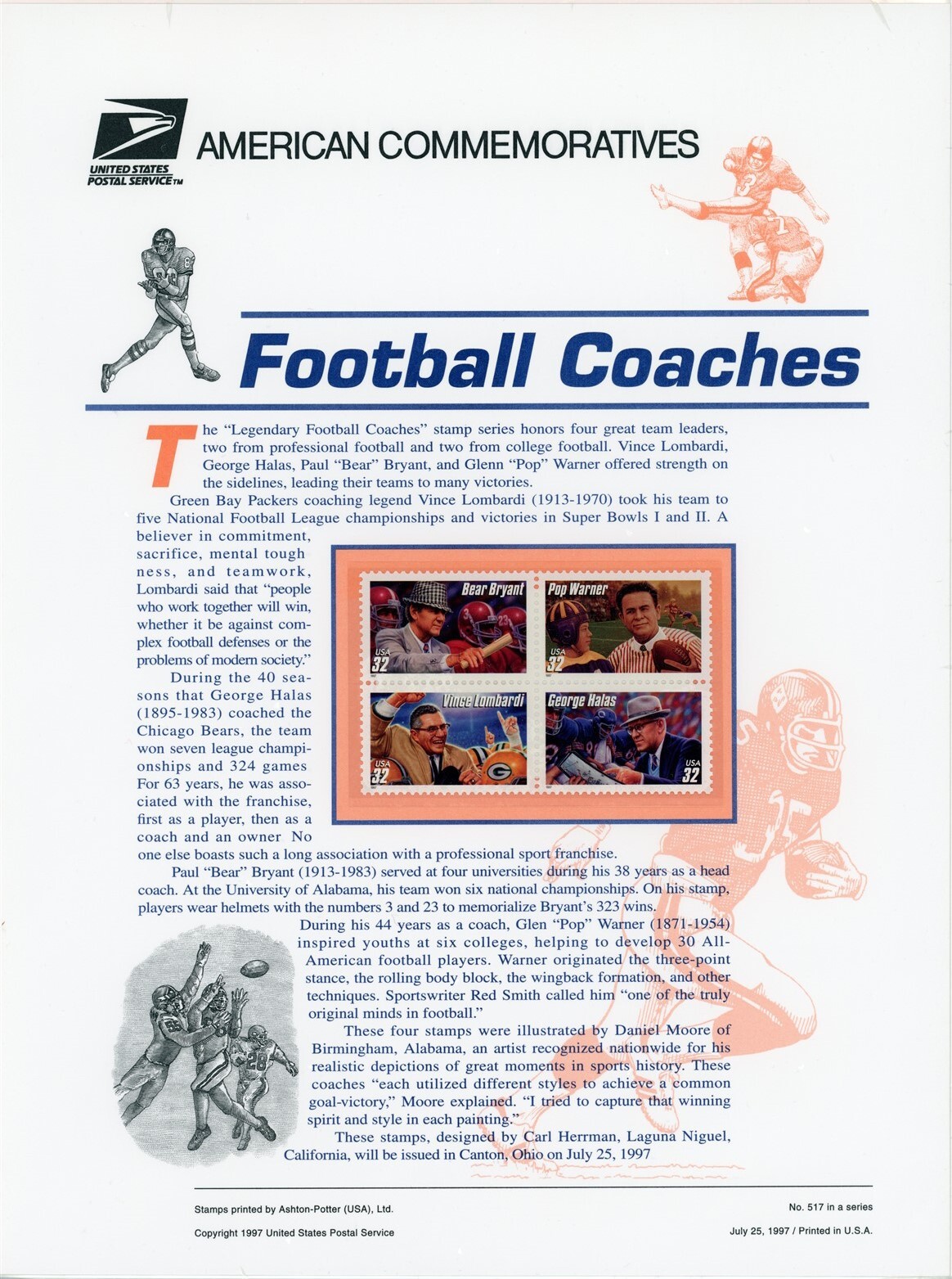 USPS – American Commemorative Panel 1997 – #CP521 Football Coaches – #3146a