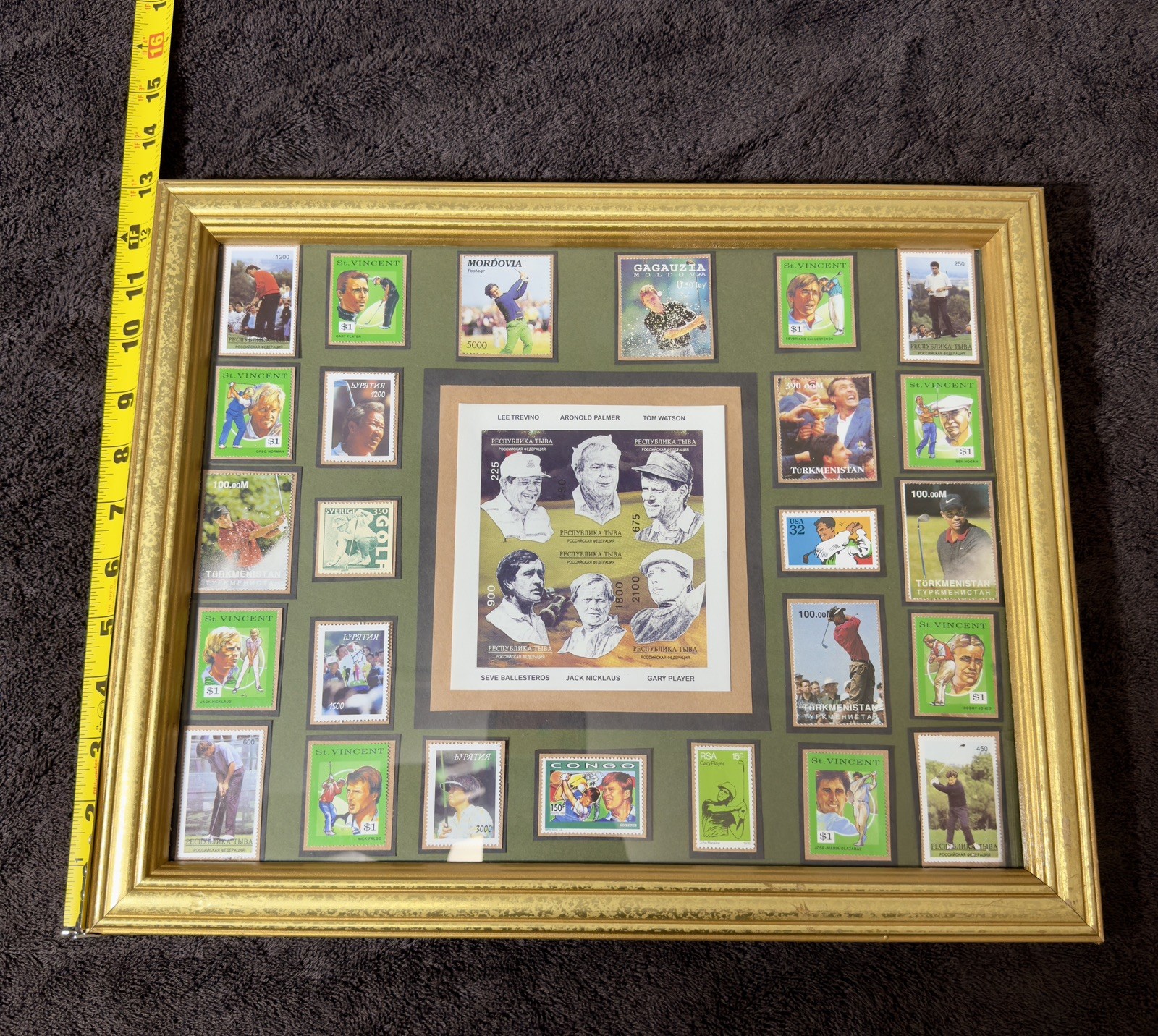 Framed Golf Stamp Collage Arnold Palmer Nicklaus Trevino Watson Woods 21×17
