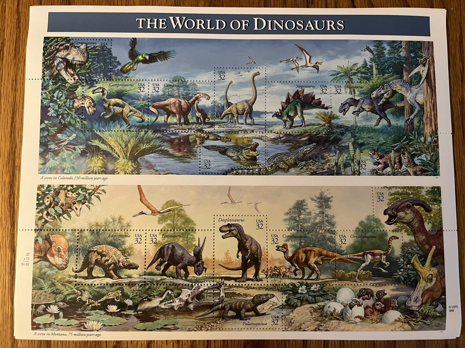 1996 The World of Dinosaurs Full Sheet of 15 .32 Cent Stamps MNH