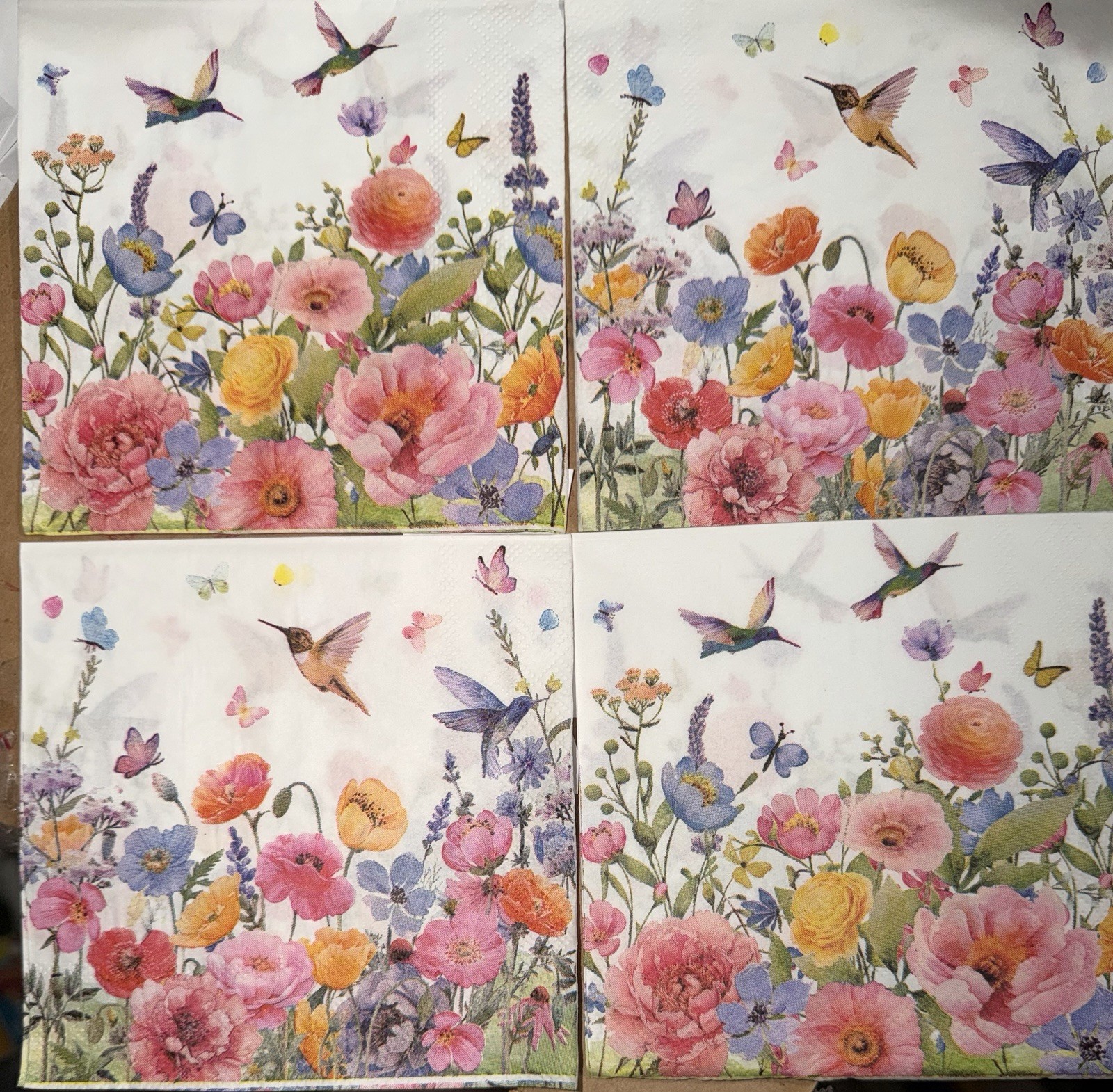 FOUR Paper BEVERAGE/COCKTAIL Decoupage Art Craft Napkins Hummingbirds Floral 5”