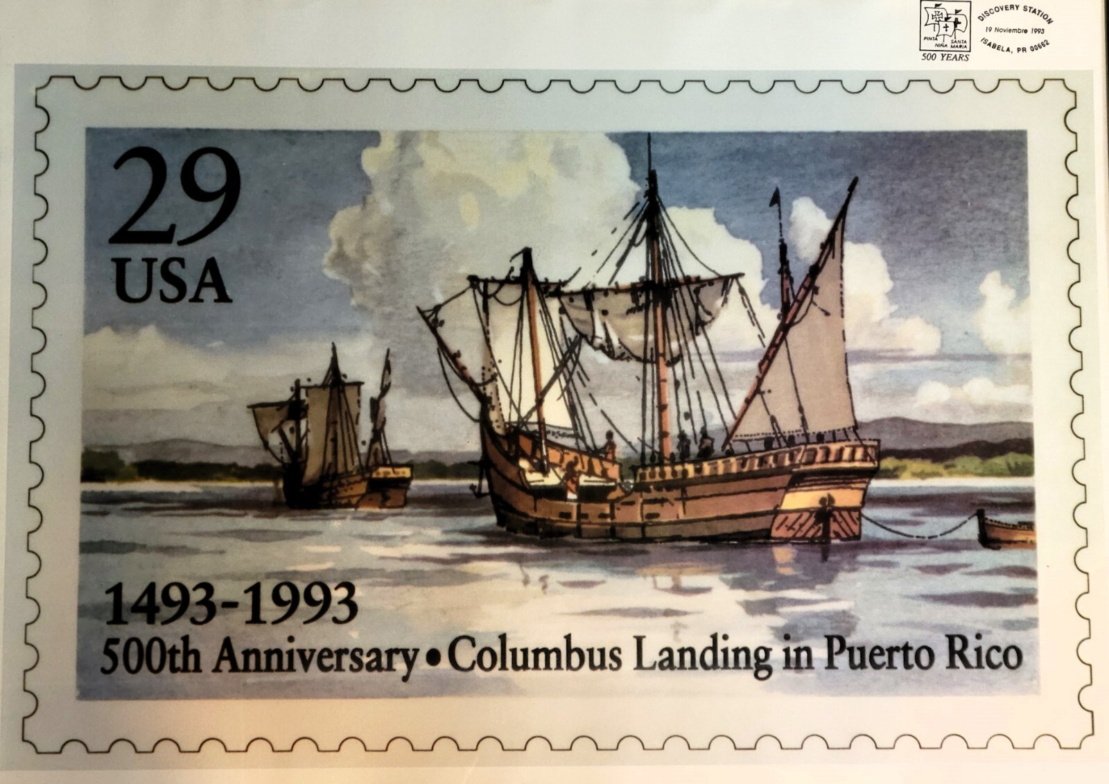 1993 Columbus Landing in Puerto Rico Commemorative Stamp Lithograph Framed