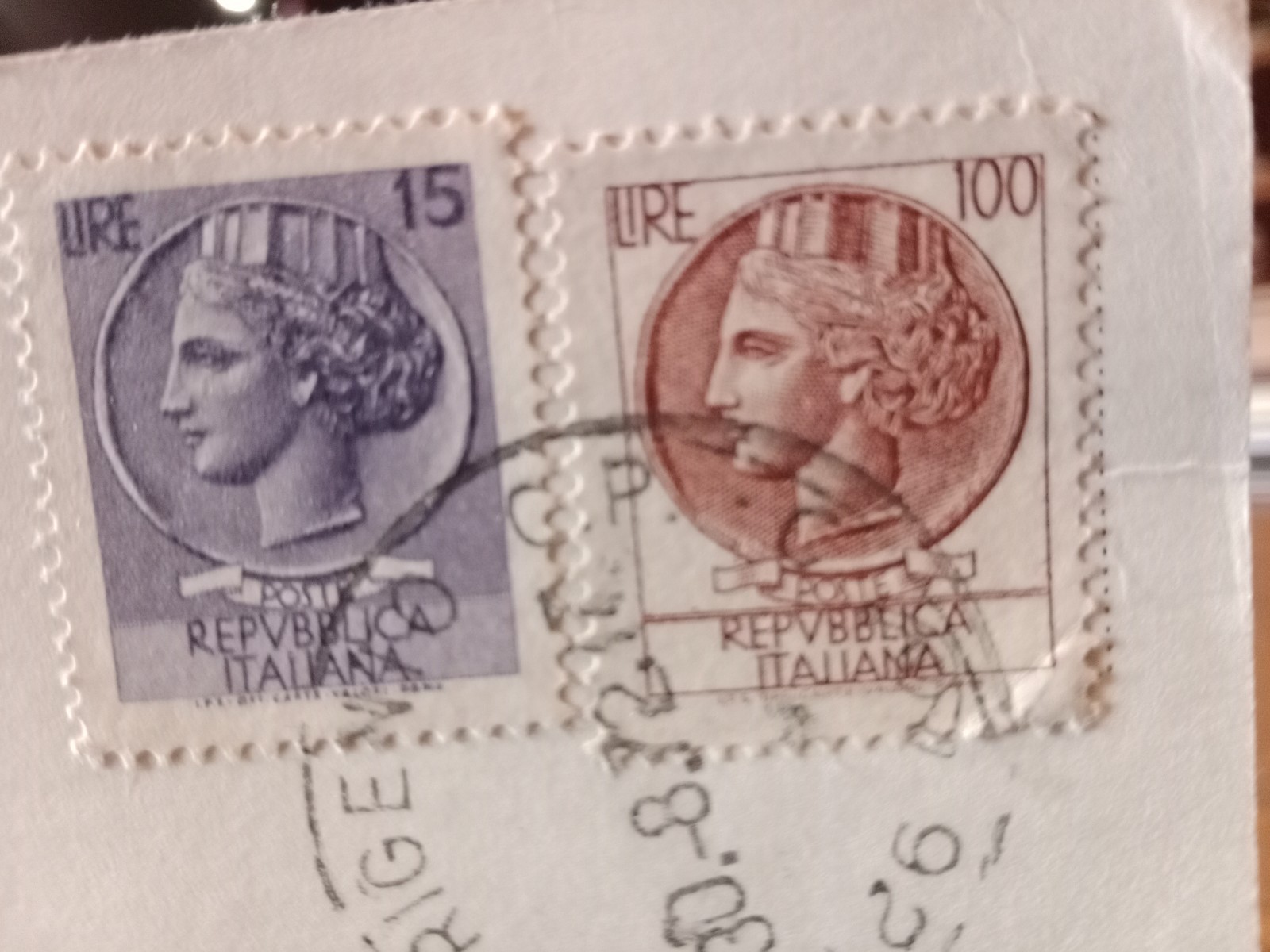 Italian Stamps Lire 100 and 15 on Post Card Watermarks