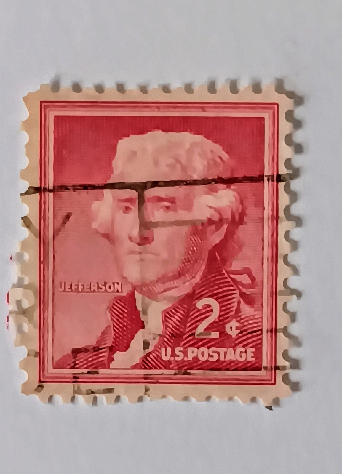 1954 Thomas Jefferson 2 Cent Red Postage Stamp Used. Good Condition Free Ship