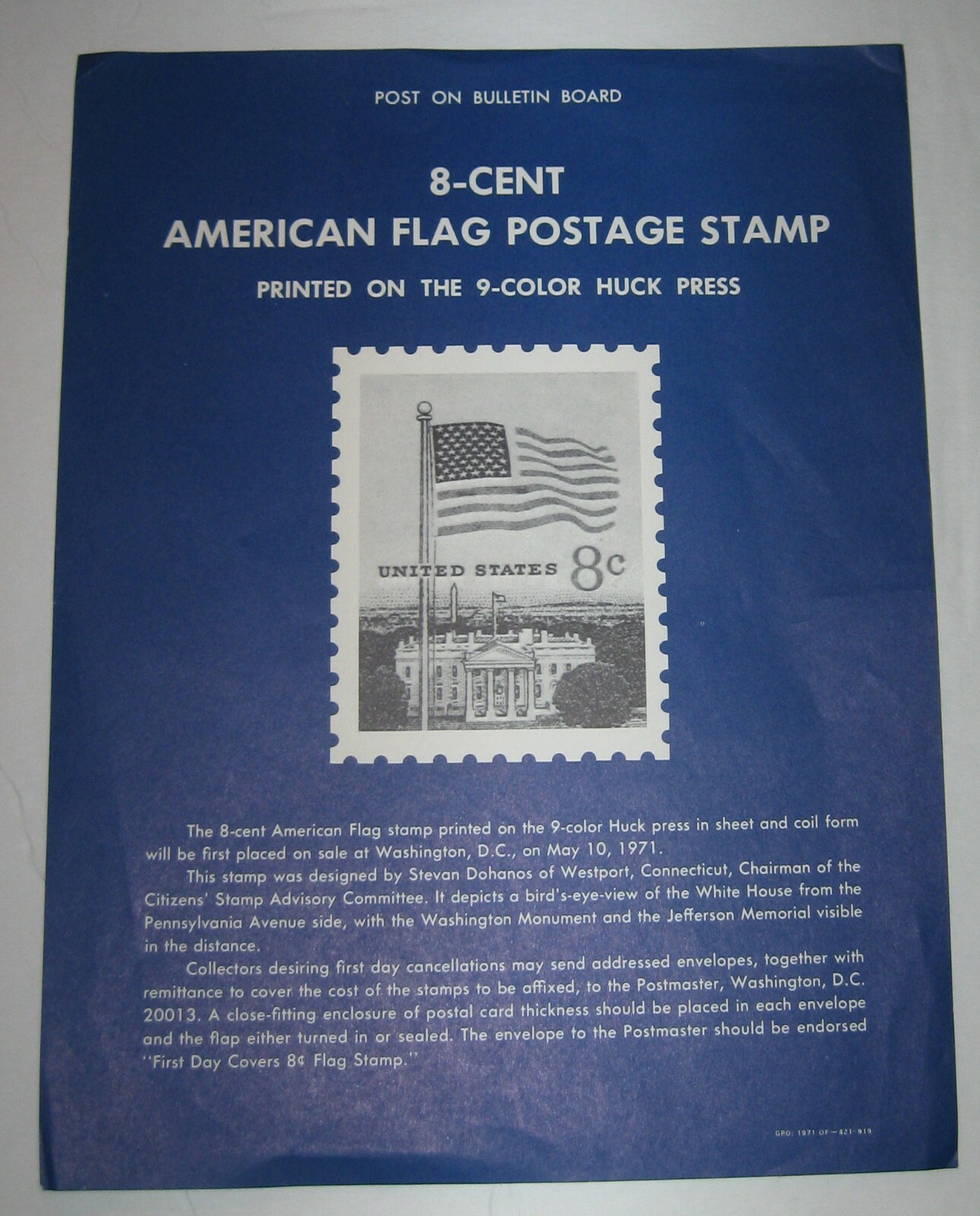 U S Stamp POSTER “8 CENT AMERICAN FLAG POSTAGE STAMP” 8″ x 10,” ORIGINAL SC#1338
