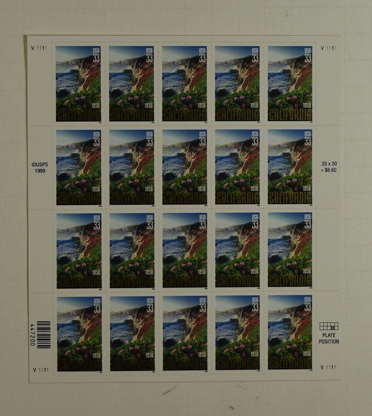 US SCOTT 3438 PANE OF 20 CALIFORNIA 33 CENT FACE MNH