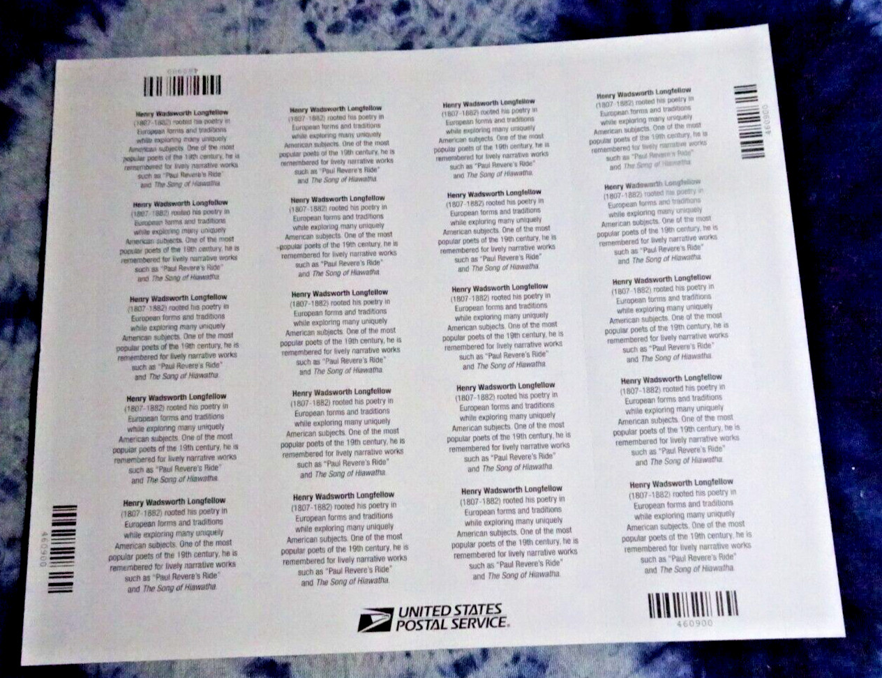 US 4124 H.W. LONGFELLOW (LIBERARY ARTS-POET) PANE OF 20 (39c) STAMPS**