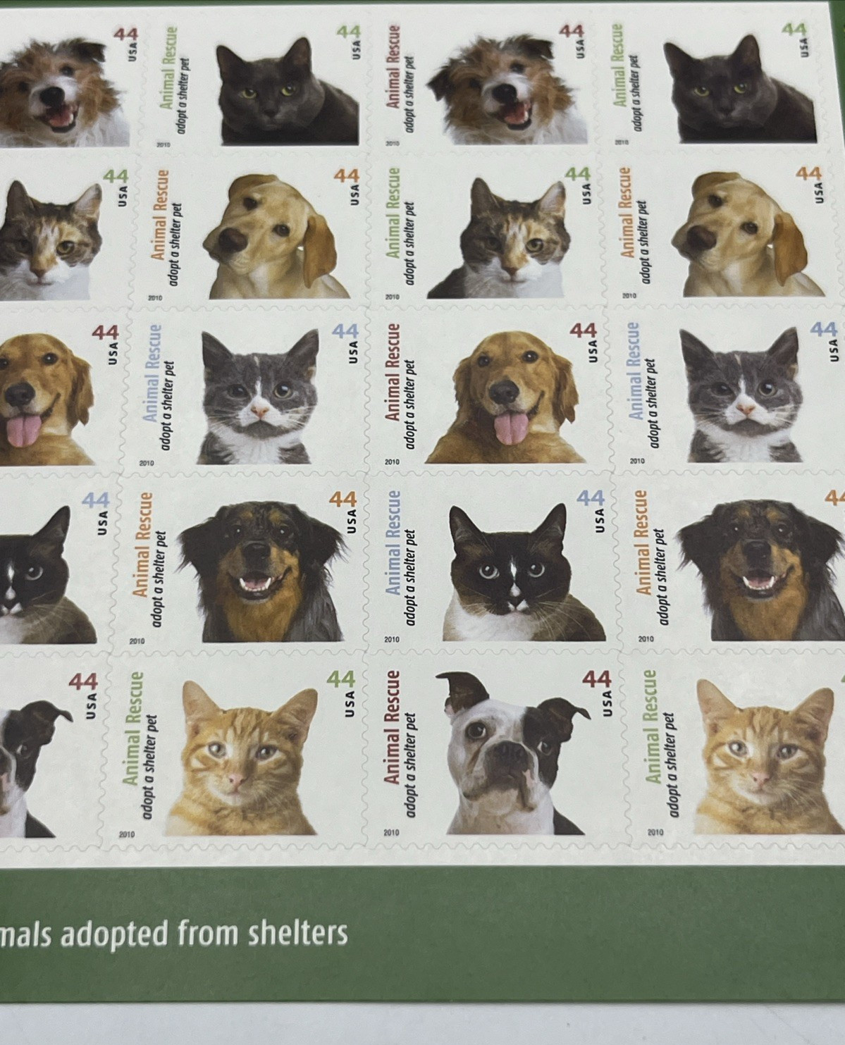 Animal Rescue Adopt a Shelter Pet Sheet of Twenty 44 Cent Postage Scott 4451-60