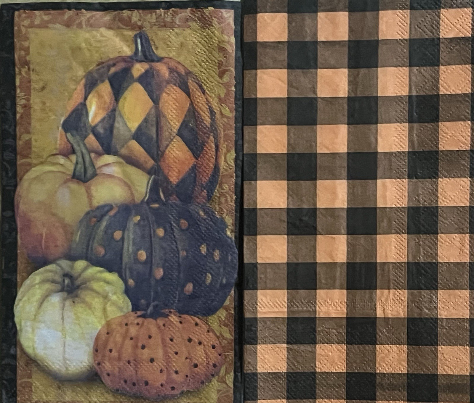 TWO Individual Dinner Decoupage Napkins/autumn/Halloween/Pumpkins & Orange Plaid