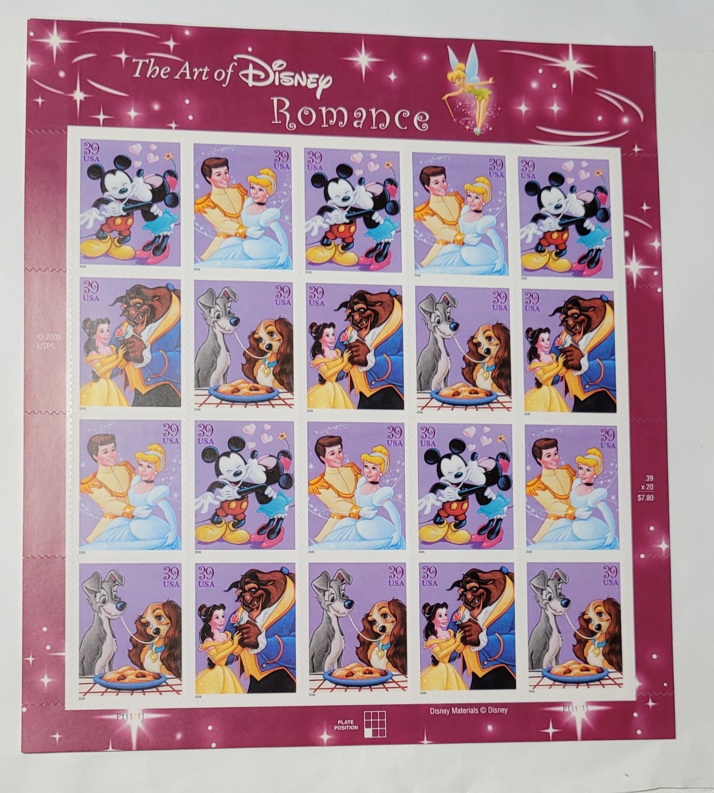 THE ART OF DISNEY US 2006 SCOTT #4025-4028 ROMANCE SET 20 MNH VF 39c STAMP SHEE