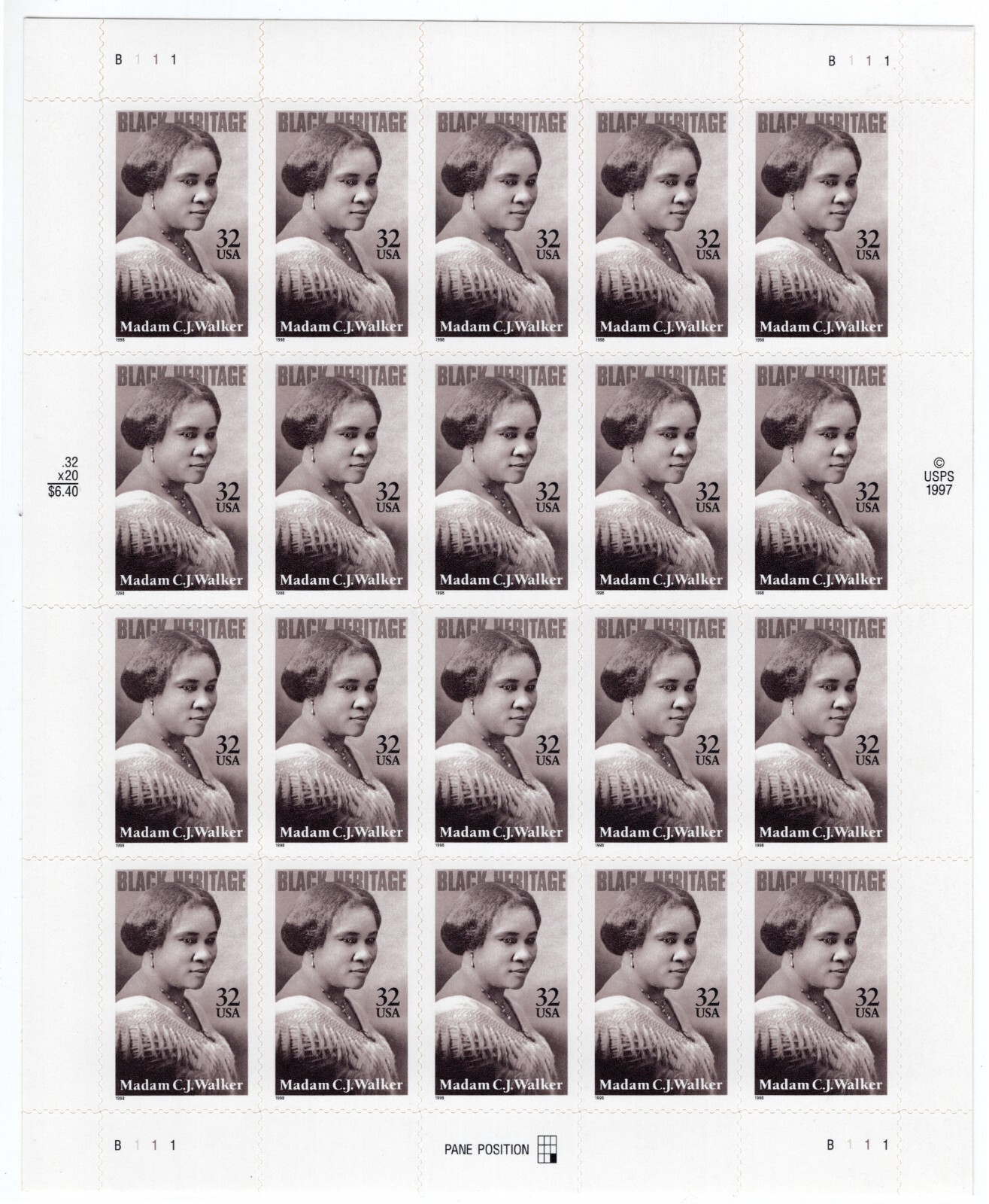 US 1998 SC 3181 32c Black Heritage Madam C.J. Walker – Sheet of 20 MNH