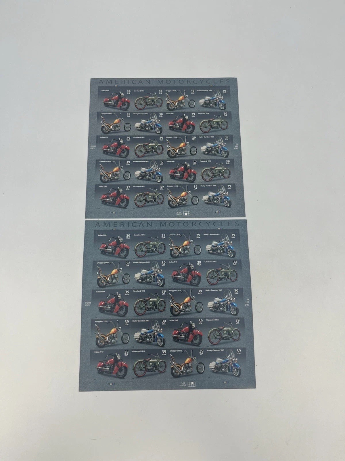 2 US American Motorcycles Full Sheets 20 stamps 39¢ Scott #4085, MNH, FV $7.80