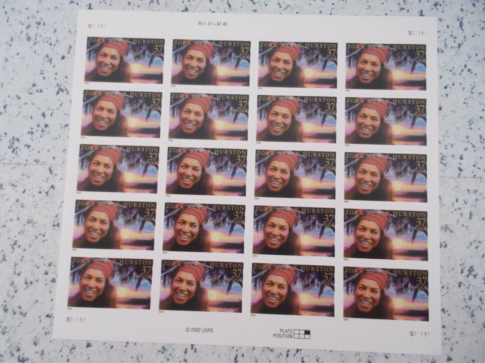 #3748 ZORA NEALE HURSTON Sheet of 20 37 CENT STAMPS 2002/2003 MNH Free Shipping