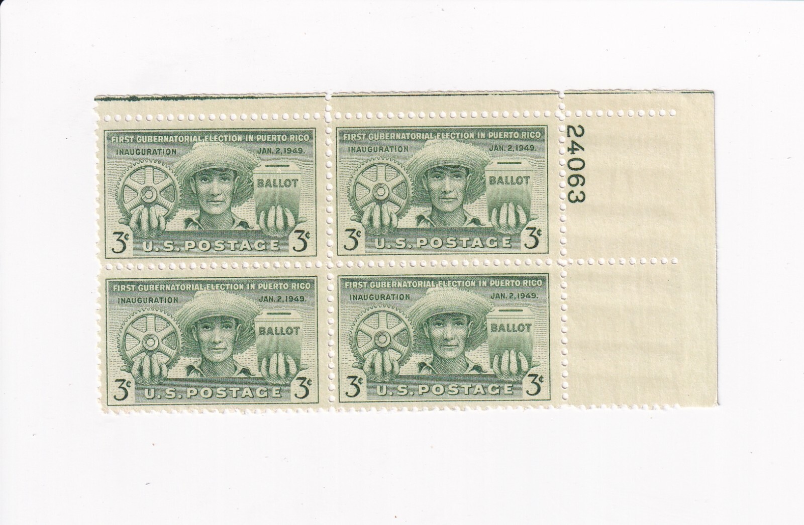 US Postage 3 CENTS FIRST GUBERNATORIAL ELECTION IN PUERTO RICO: PLATE BLOCK