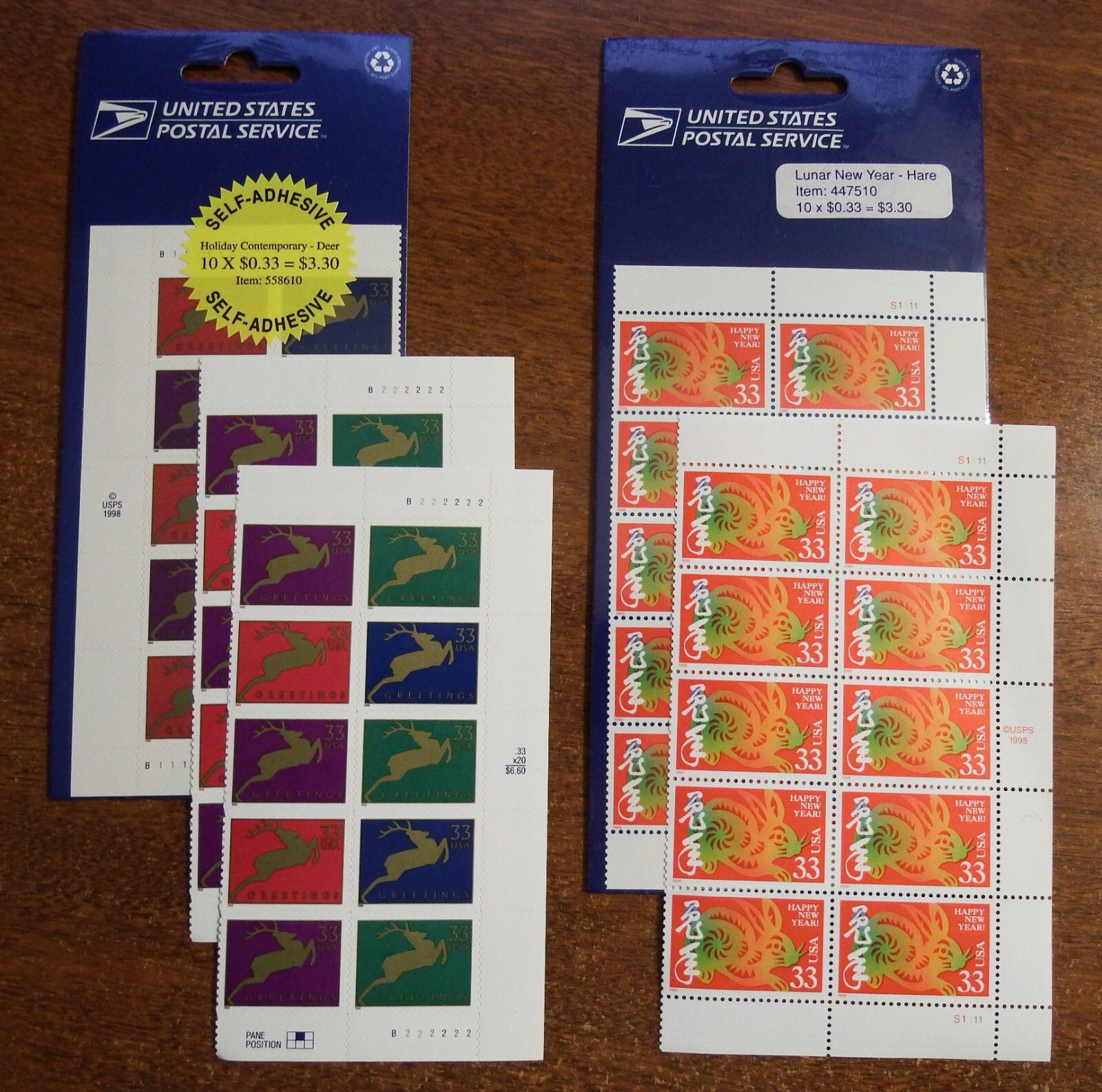 5 Sheets x 10 = 50 Greetings Reindeer / Happy New Year 33¢ US Stamps NEW!