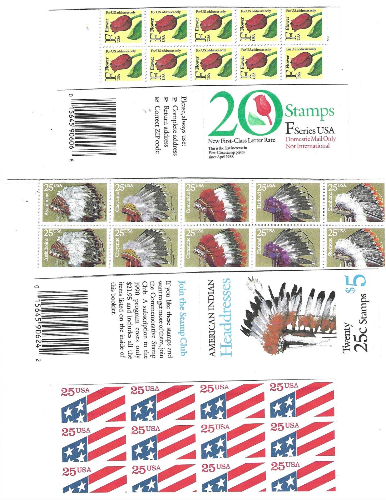 2 Booklets, F Stamp & Am Indian Headress, 25 cent Flages Imperf