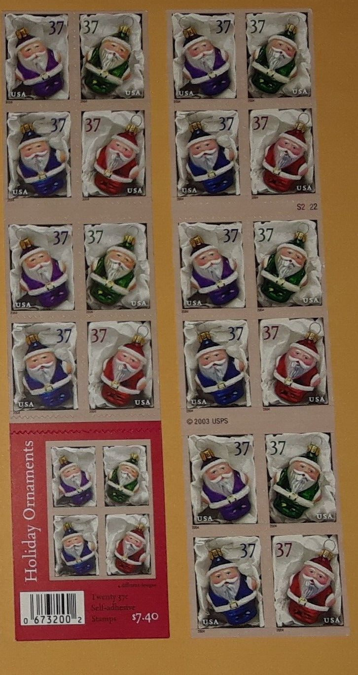 Booklets 20 = 40 of Holiday ORNAMENTS Christmas Santa 37¢ US Stamps. 3883-3886