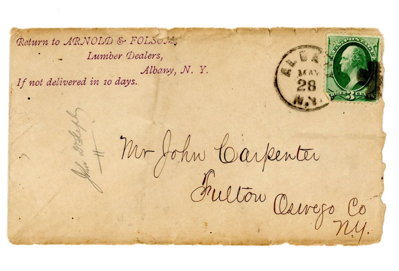 1873 Envelope Handwritten letter Green 3C Stamp Arnold Folsom Lumber Albany NY