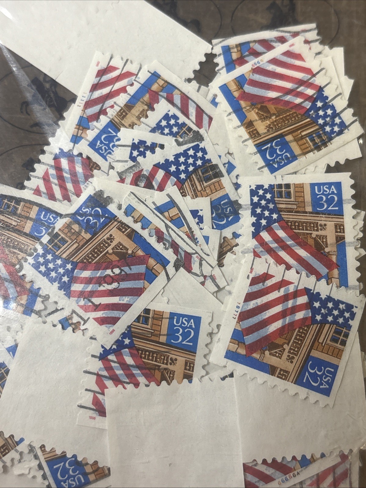 Large Lot 32 Cent Stamps Yellow Rose, Flag, Statue Of Liberty Used