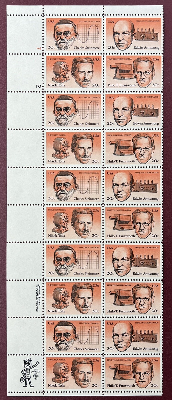 American Inventors – Scott 2055 to 2058 – Jumbo plate block of 20 stamps – MNH